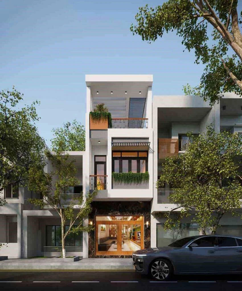 Mặt tiền nhà phố hiện đại kết hợp cùng với cảnh quan cây xanh